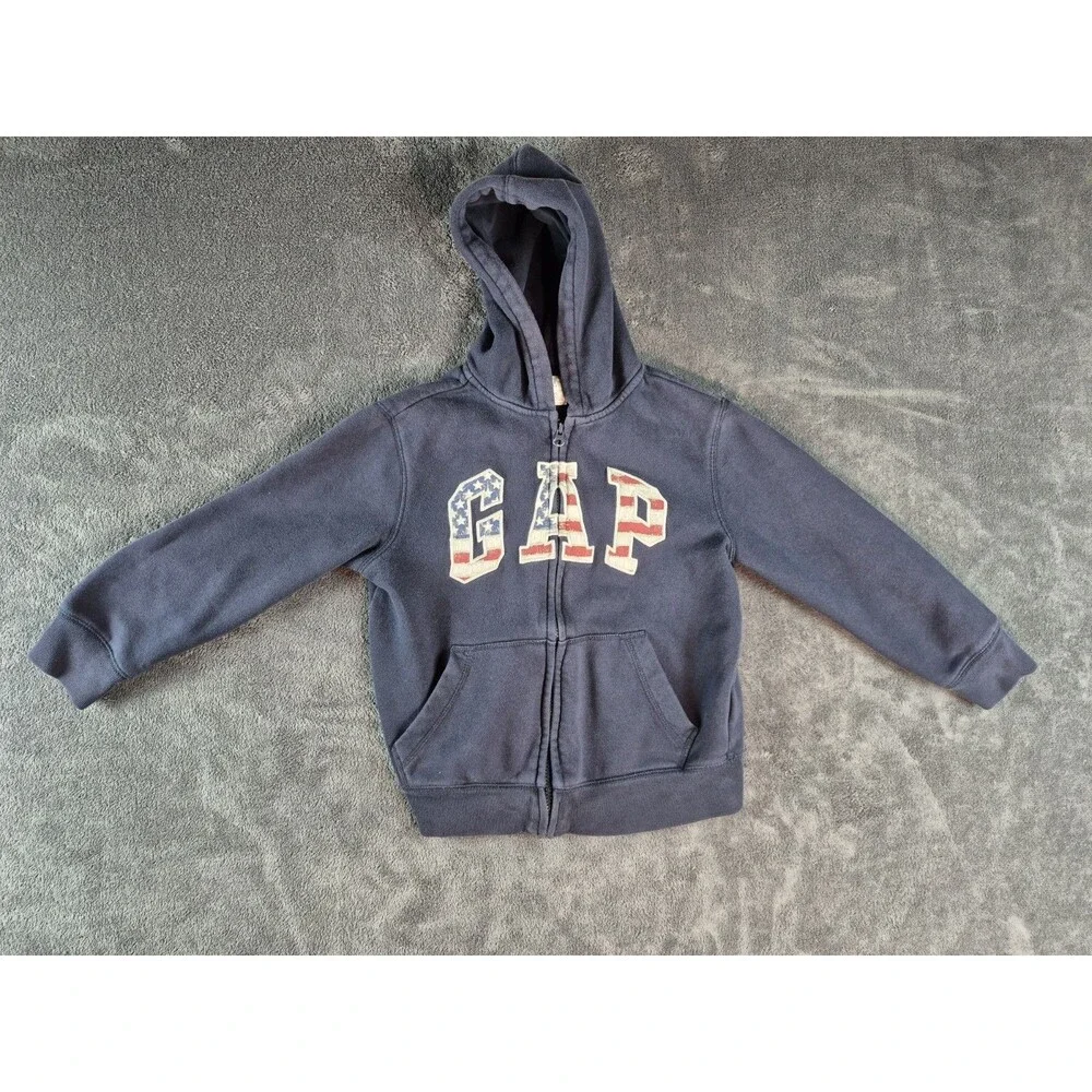 GAP NAVY BLUE MEDIUM HOODIE WITH GAP EMBEDDED USA FLAG DETAIL IN EMBLEM SZ 8-9